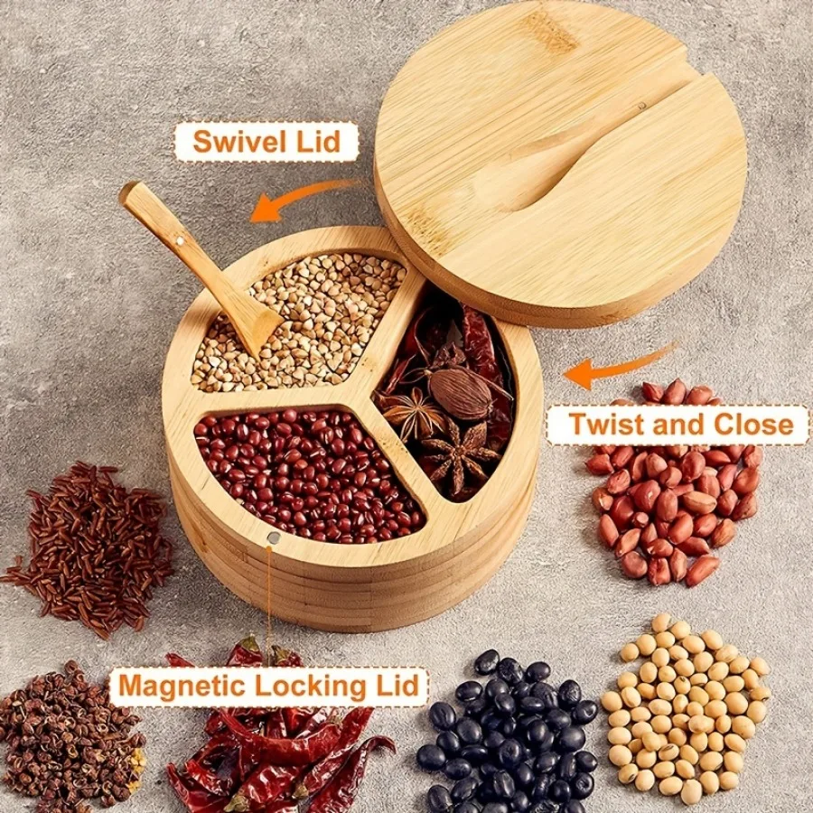 Herb Keeper Container - Bamboo Covered Wooden Spoon Seasoning Jar