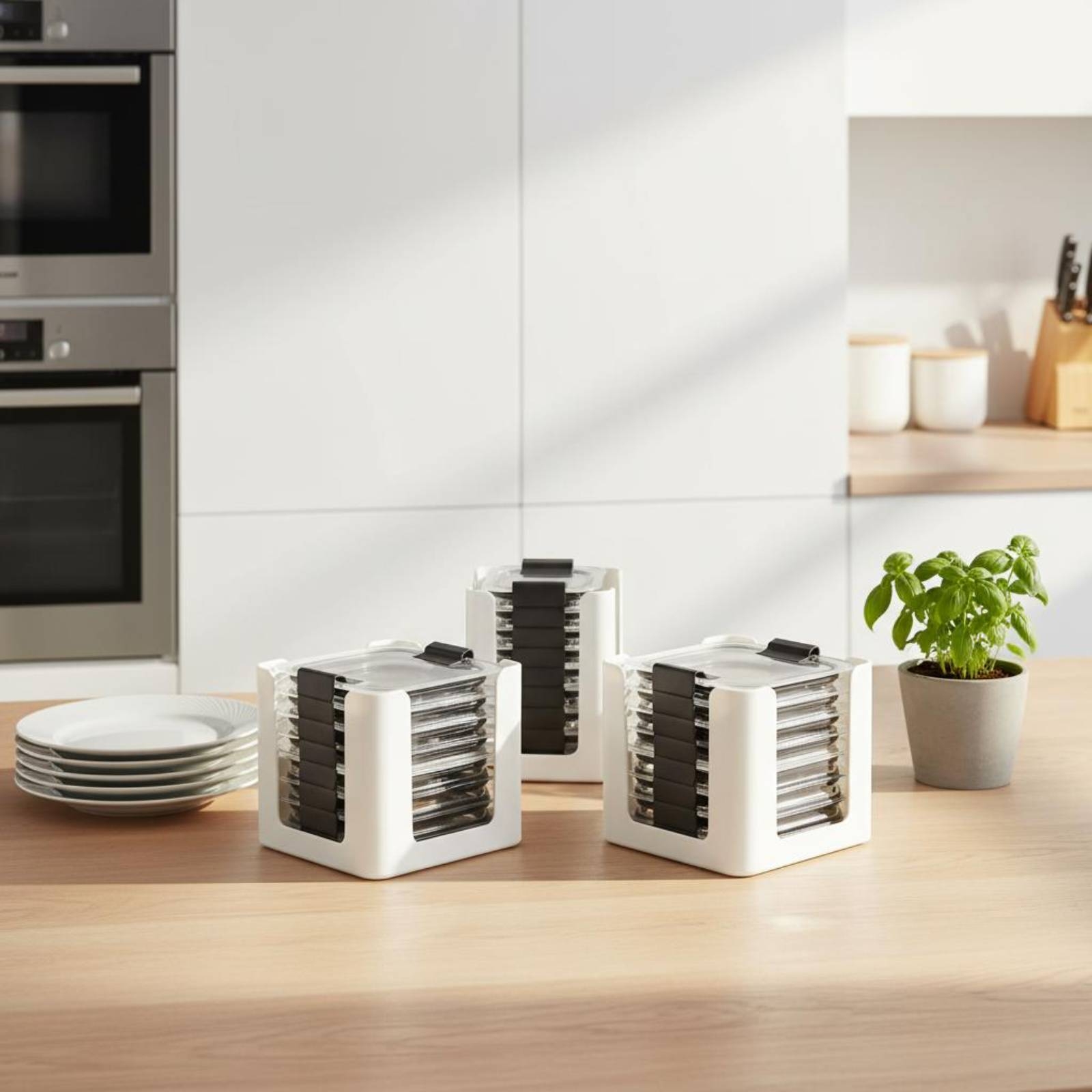 Food Storage Plastic Container - 3 Pieces Lid Storage Rack Rectangular